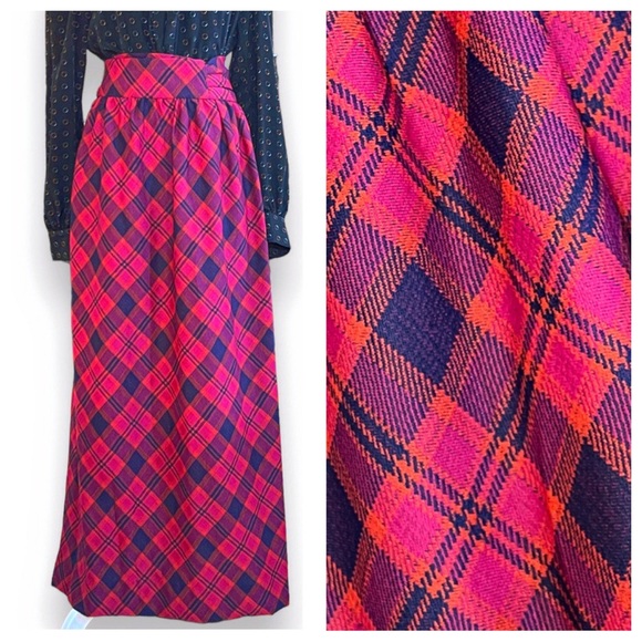 Vintage Dresses & Skirts - VTG 70s Navy & Bright Pink Tartan Wrap Waist A Line Maxi Skirt